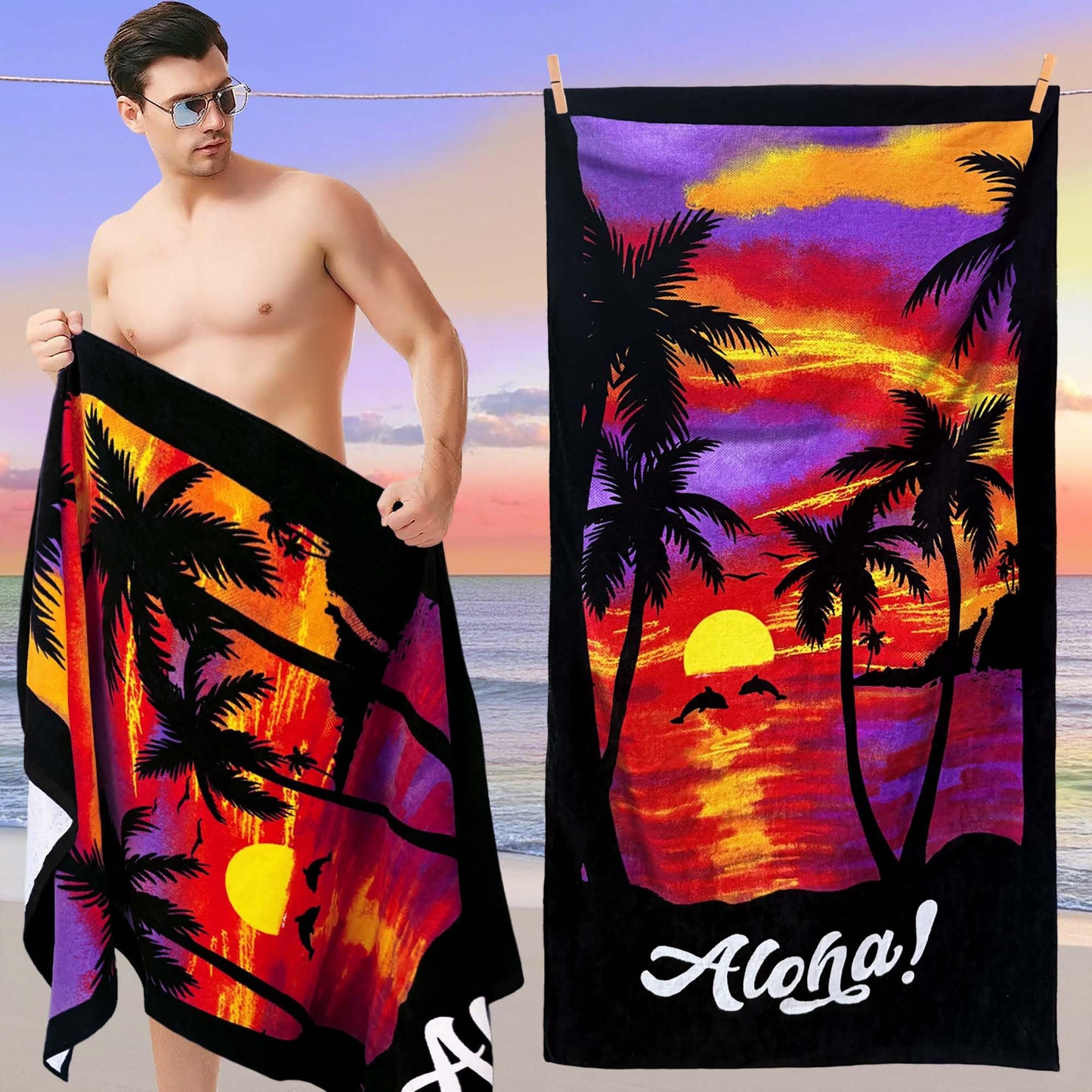 VOOVA & MOVAS Palm Sunset Beach Towels 2 Pack, 33"X65" Cotton Lightweight, Ultra Soft Absorbent Terry Towels for Adults Teens, Swim Pool Beach Camping Travel Gift
