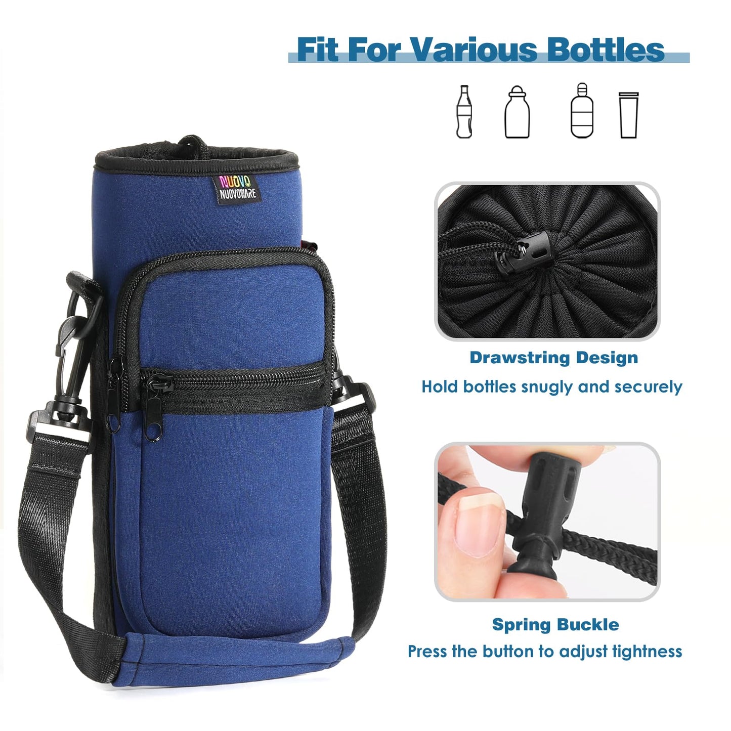 Nuovoware Water Bottle Carrier Bag, 74oz Bottle Pouch Holder, Adjustable Shoulder Hand Strap 2 Pocket Sling Neoprene Sleeve Sports Accessories for Hiking Travelling, Indigo