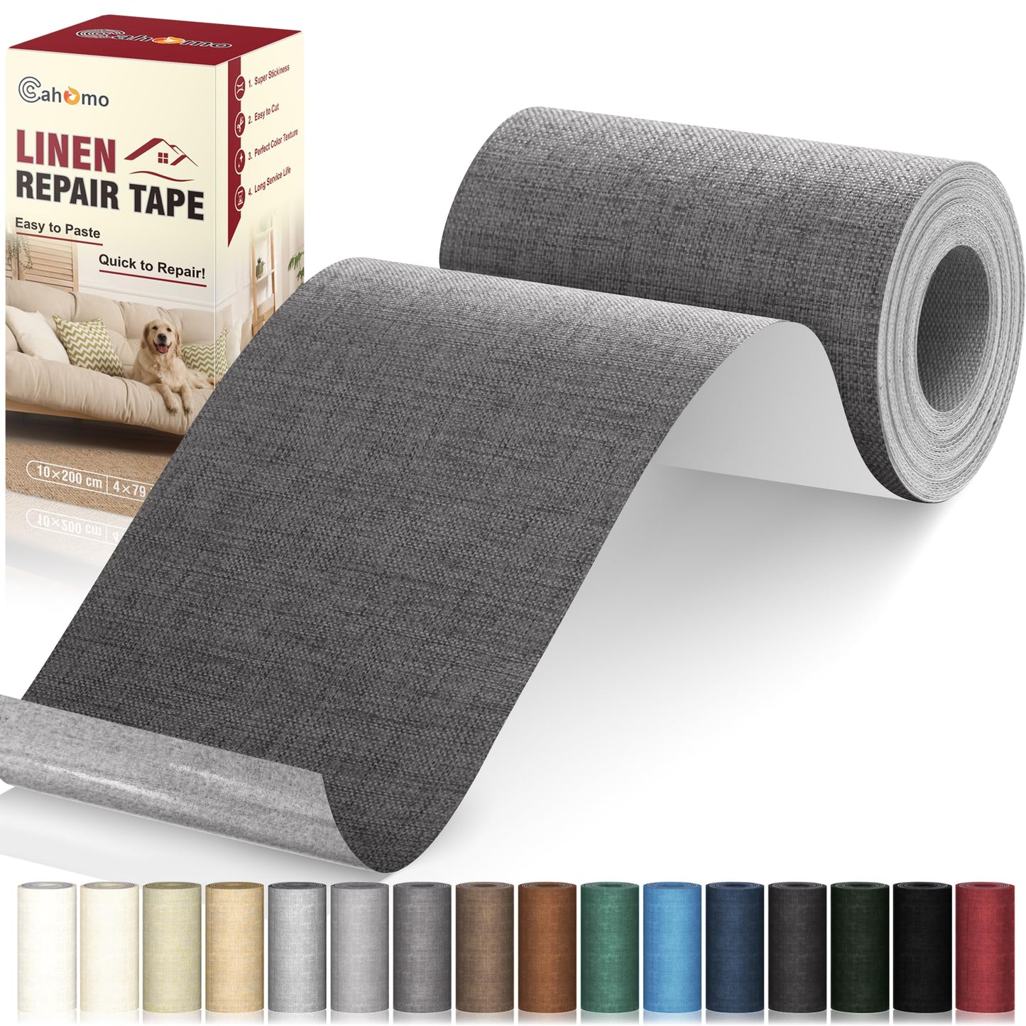 Cahomo Linen Repair Tape 4x79 inch, Self Adhesive Linen Fabric Tape, Linen Fabric Patch Tape Kit, Fabric Repair Tape for Sofas, Headboards, Chairs, Curtains - Dark Grey