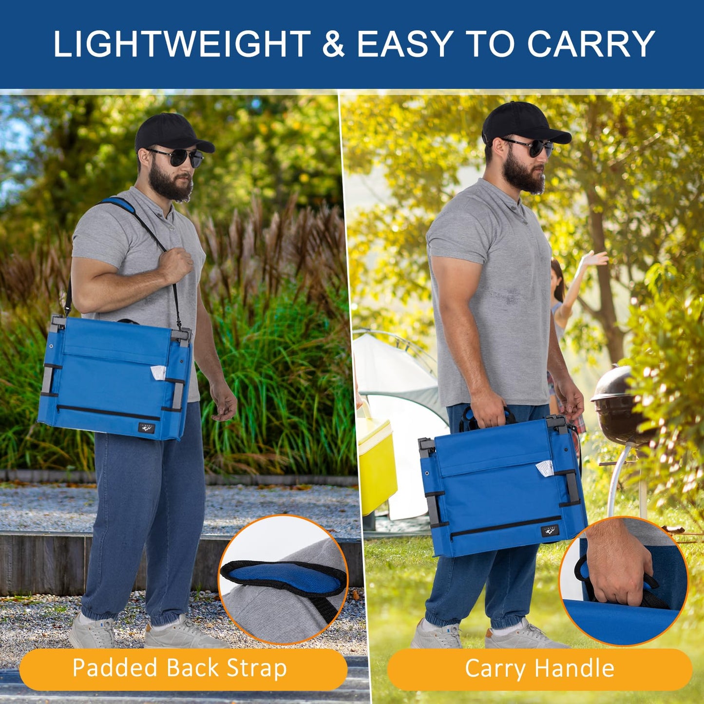 LOENIY 2 Pack Stadium Seats for Bleachers with Back Support, Bleacher Seats with Backs and Extra Thick Padded Cushion, Includes Shoulder Straps Carry Handle, and Cup Holder Side Pockets (Blue)