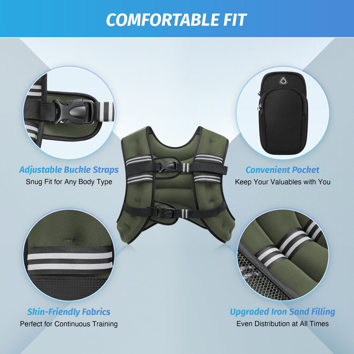 ZELUS Weighted Vest, 6lb/8lb/12lb/16lb/20lb/25lb/30lb Weight Vest with Reflective Stripe for Workout, Strength Training, Running, Fitness, Muscle Building, Weight Loss, Weightlifting, Green(20 lb)