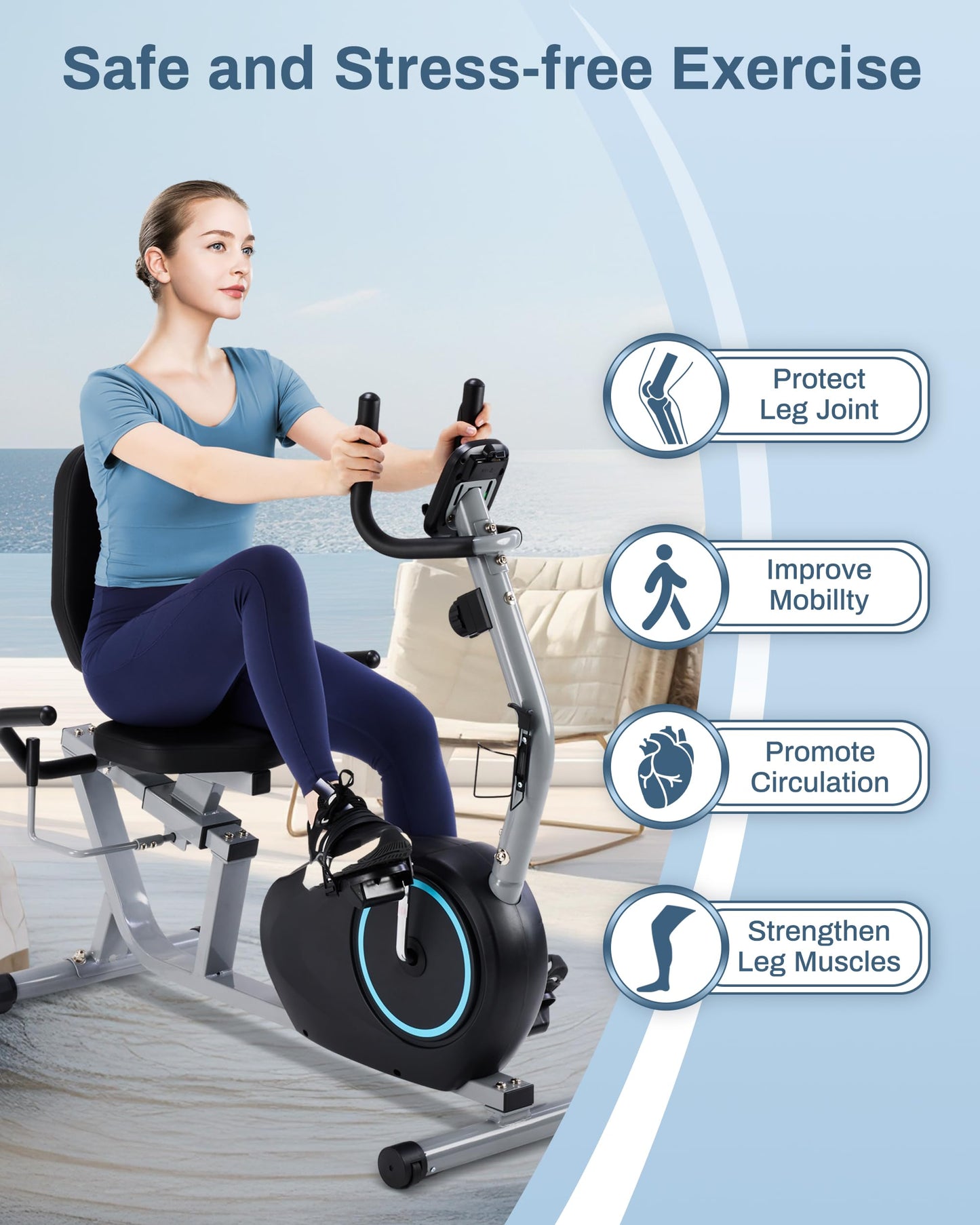 Kawnina Recumbent Exercise Bike for Seniors - Quick Adjust Seat, Magnetic Recumbent Bike with Quiet 16-Level Resistance, 400LB Weight Capacity, Backlit LCD Monitor, Heart Rate Handle