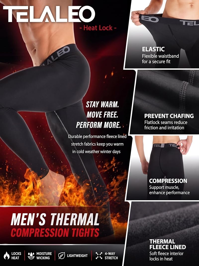 Thermal Compression Pants for Men — Fleece Lined Long Johns, 4 or 5 Pack, TELALEO (5black, Large) Variation