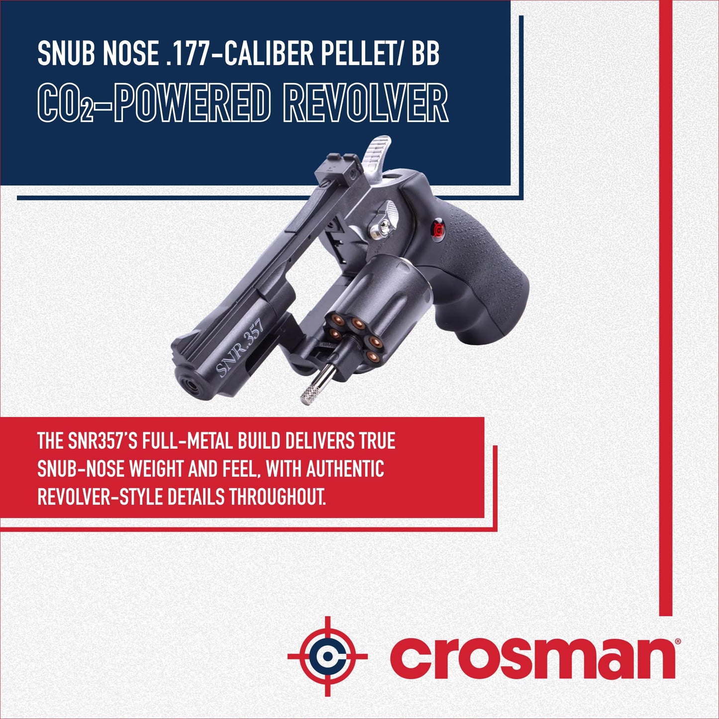 Crosman SNR357 Snub Nose CO2 Revolver for Pellets and BBs - Dual Ammo 6-Shot Swing Out Cylinder, Full Metal Body, Adjustable Sights - Black/Grey