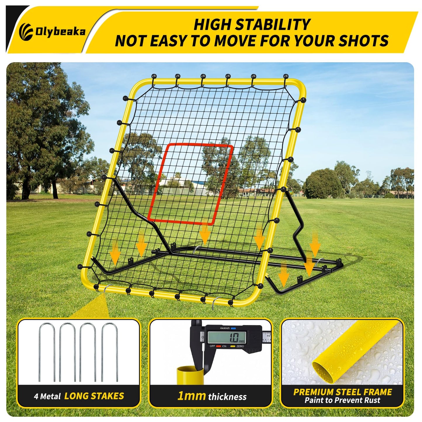 48" x 52" Baseball & Softball Rebounder Net with 3 Adjustable Angles - Pitch Back Rebound - Bounce Back Return Net - Fielding Trainer with Carry Bag - Super Stable & Easy Set Up (Yellow, Small)