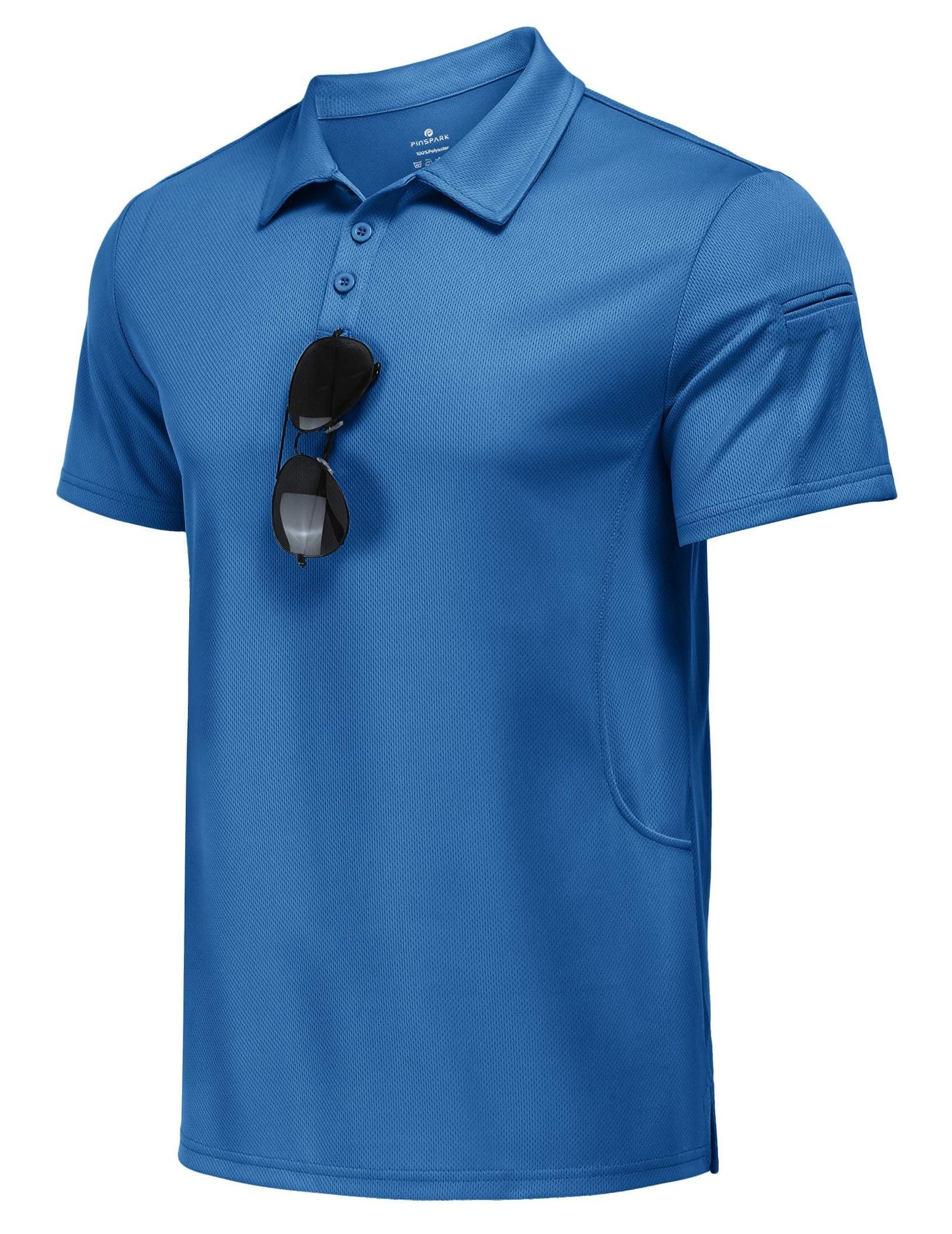 PINSPARK Men's Polo Shirts 3 Button Quick Dry Performance Collared Casual Shirt Short Sleeve Golf Polos for Men Blue