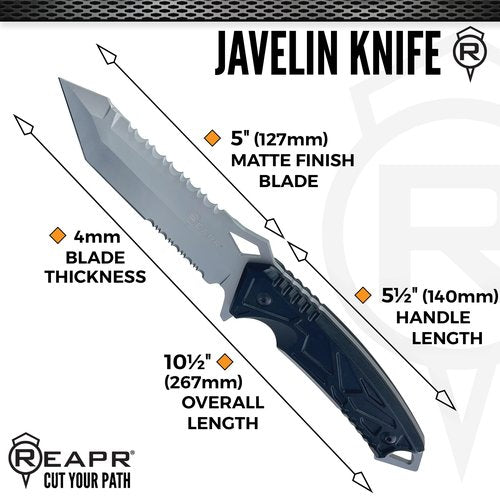 Reapr JAVELIN 5 Inch Fixed Blade Survival Knife with Sheath, Full‑Tang Tactical Tanto‑Style Knife with Dual Serrated Edges, Camping and Hunting Knives, Black