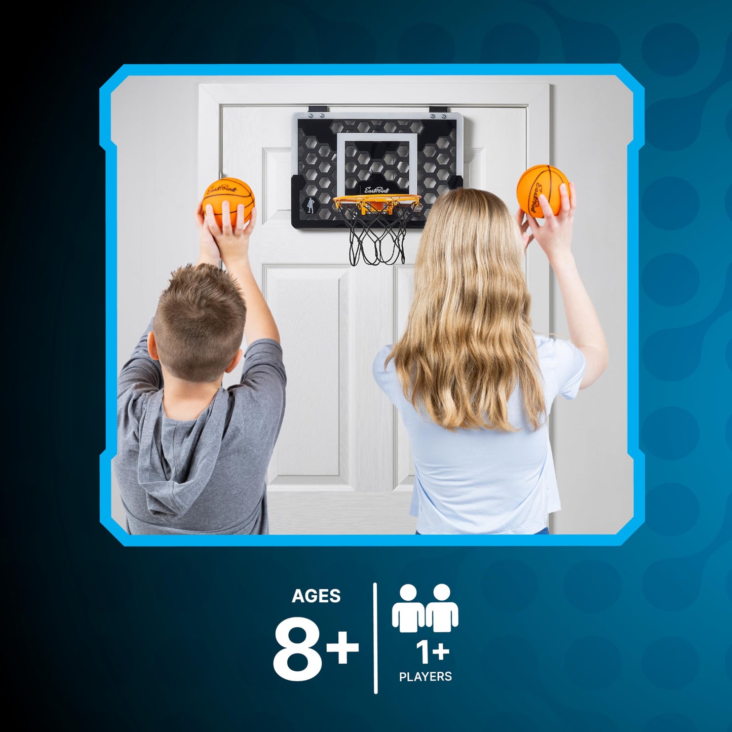 EastPoint Over-the-Door Indoor Basketball Hoop Set - Black, 18 x 12 in Backboard - Quiet Foam Ball for Indoor Basketball Game - Easy No-Drill Setup with Compact Mini Hoop for Rooms