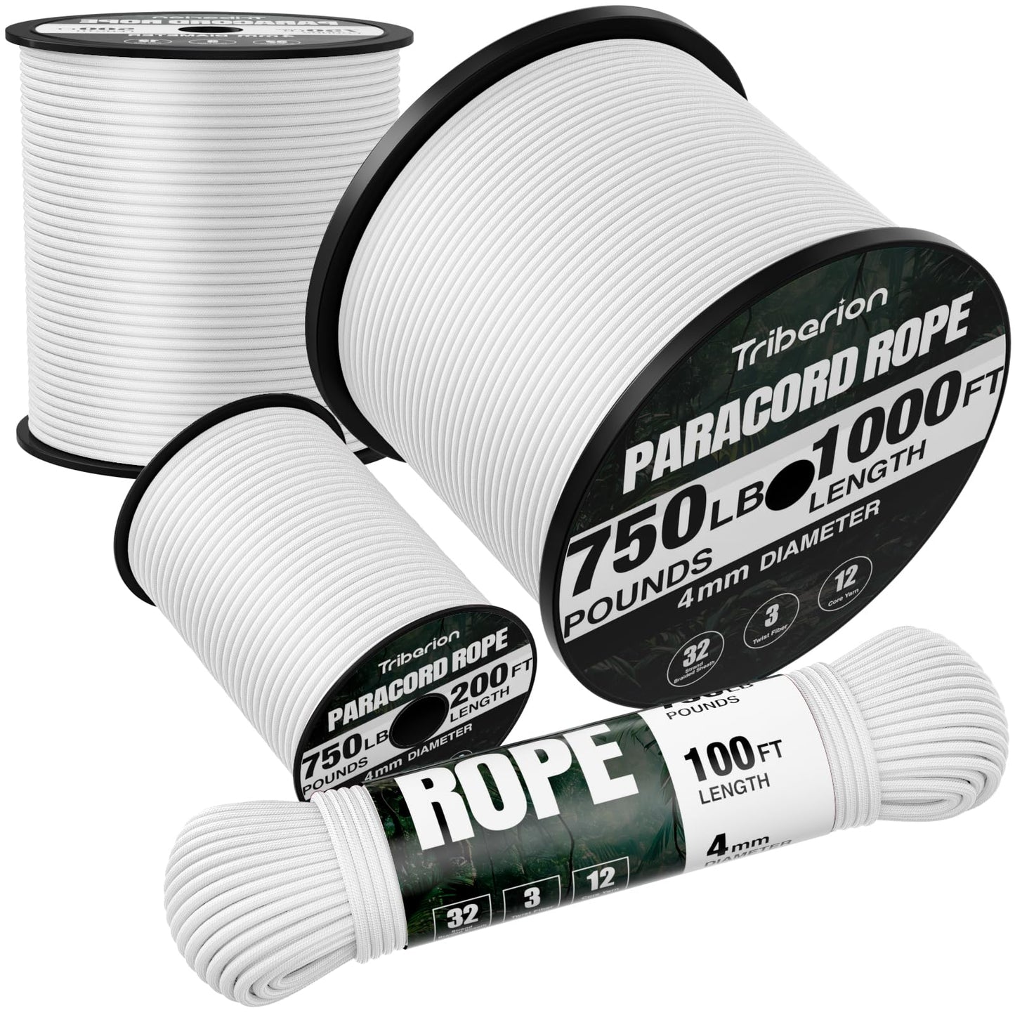 TRIBERION Paracord Rope 750 lb - 200ft 5/32" Parachute Cord 4MM 12-Strand para Cord - Heavy Duty Spool String for Survival,Camping Gear, Survival Bracelet, Clothesline - White