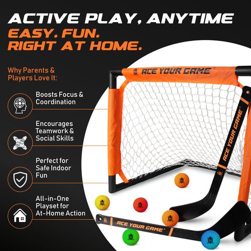 ACE HOCKEY - Shinny Hockey Set - Complete 4-Player Indoor/Outdoor Kit - Knee Hockey Goal Set (2) Goals, (2) Sticks, and (6) Foam Balls - Mini Hockey Set