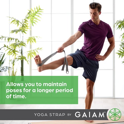 Gaiam Yoga Strap 8ft Stretch Band with Adjustable Metal D-Ring Buckle Loop - Exercise & Fitness Stretching for Yoga, Pilates, Physical Therapy, Dance, Gym Workouts (Black)