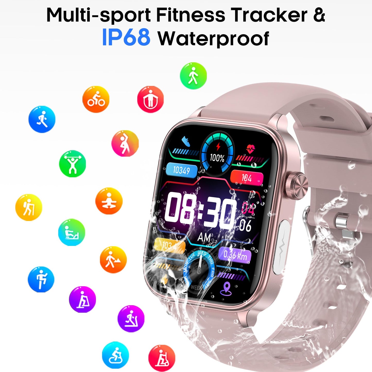 Yowow BIT Smart Watch for Men Women (Receive/Make Calls), 1.96" IPS Fitness Tracker, Heart Rate/Blood Oxygen/Blood Pressure/Sleep Monitor/20+ Sports Modes, Pedometer for Android iOS (Pink)