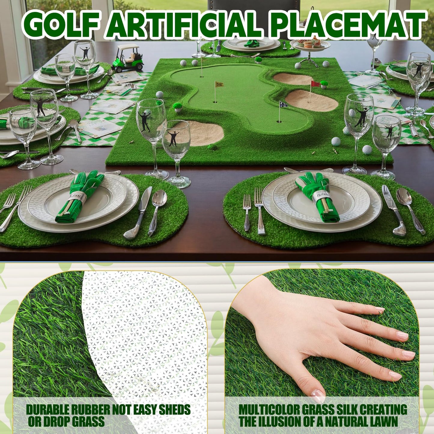 Gandeer 6 Pcs Golf Artificial Grass Mat Placemats for Golf Party Decorations Centerpieces for Table Green Fake Grass Tiles Placemats Birthday Party Decorations for Wedding Baby Shower