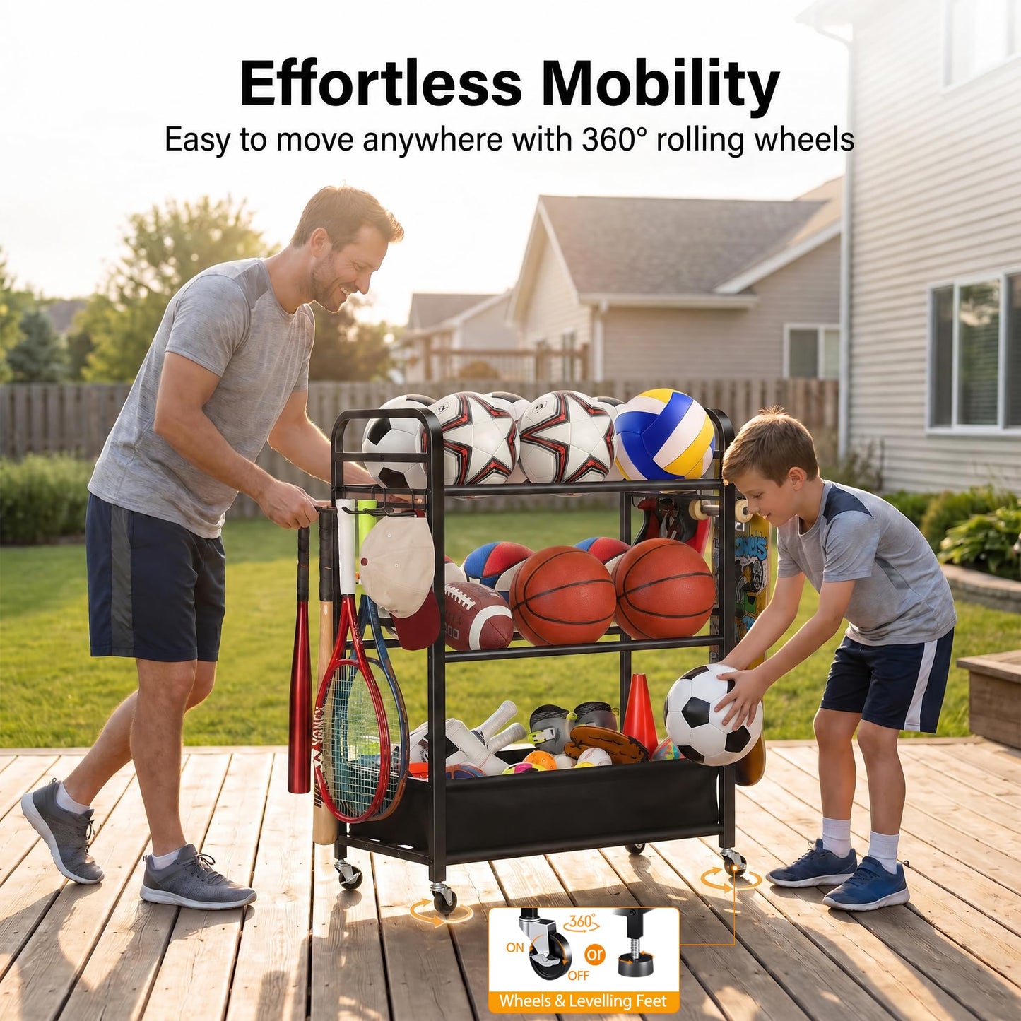 EXTCCT Ball Storage Sports Equipment Organizer - Garage Storage Cart Rolling Ball Storage Rack with Hooks Wheels Outdoor Indoor Gym Gear Toy Holder Bin for Basketball, Baseball, Soccer