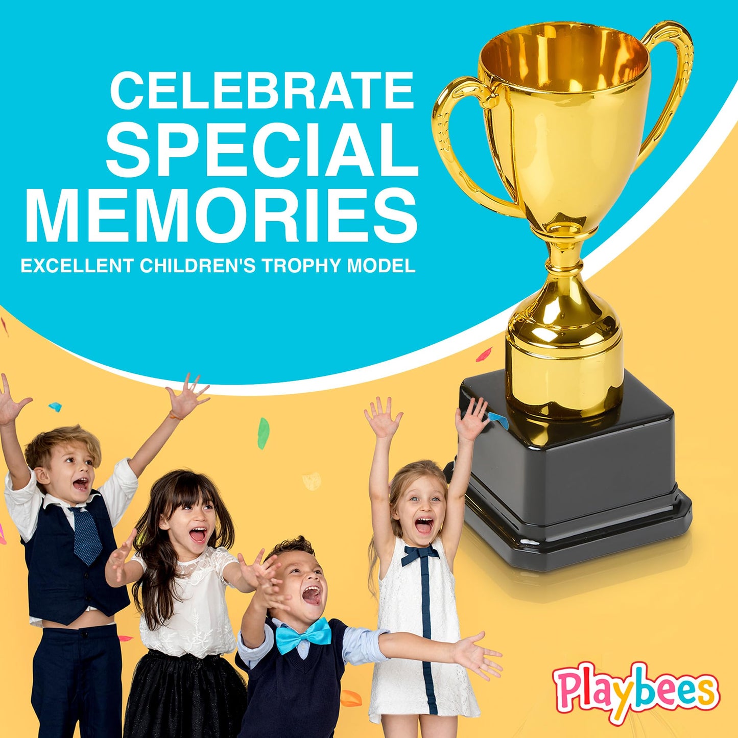 Playbees Fun Gold Plastic Trophies - 3 Pack - 7 Inch - Award Trophy Cup Set for Superstar Kids - Champion Celebrations, Sports Galore, and Victory Vibes - Desktop Toy