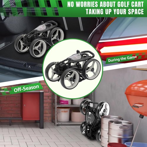 XDriveMax 4 Wheel Golf Push Cart - Aluminum Frame Lightweight, One-Step Foldable Compact Design, Portable Golf Bag Caddy with All-Terrain Wheels