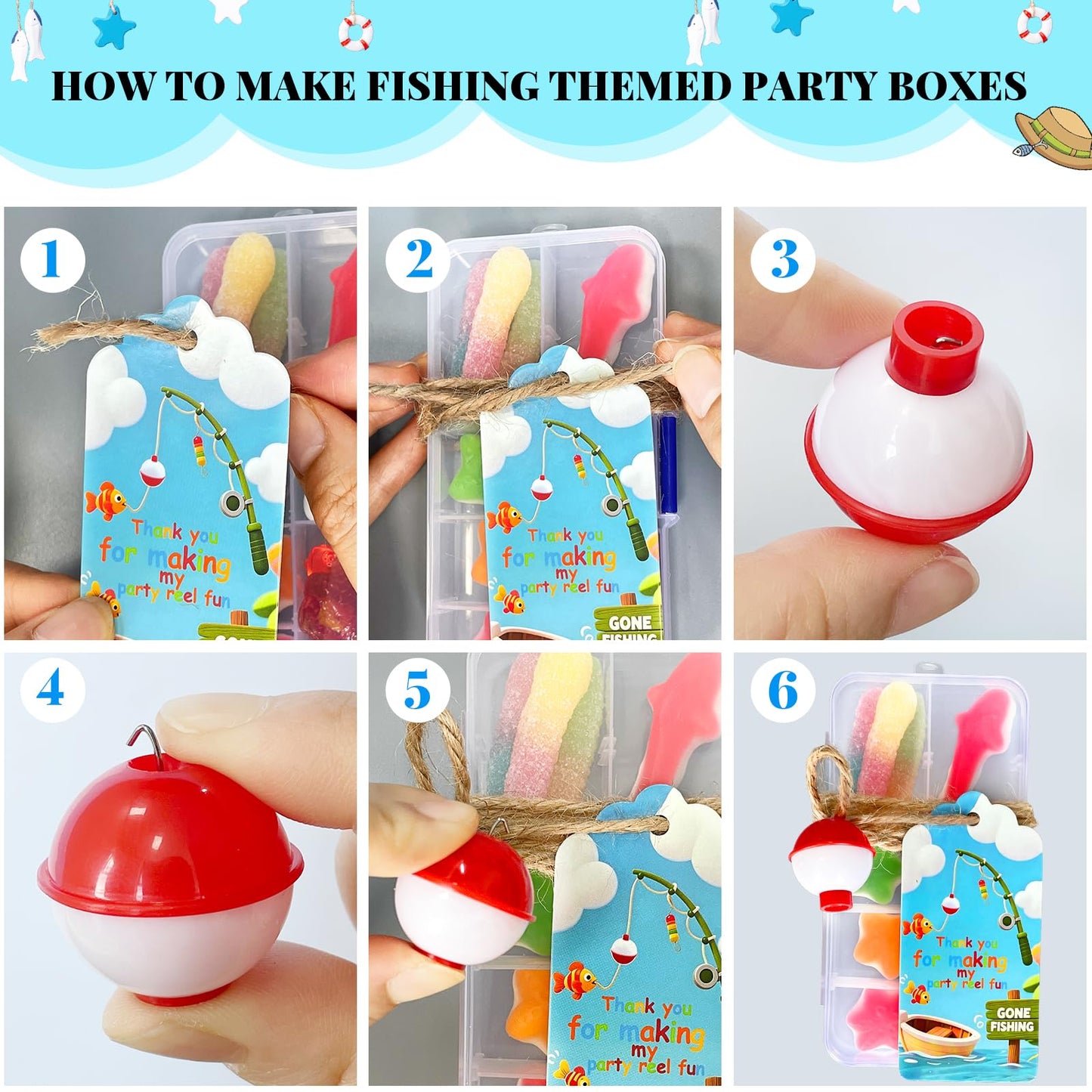 24 Sets Fishing Party Favor, Mini Tackle Boxes for Party Favor for Fishing Birthday Party Decorations with 24 Mini Candy Tackle Box, Fishing Bobber and Thank You Cards Fishing Themed Party