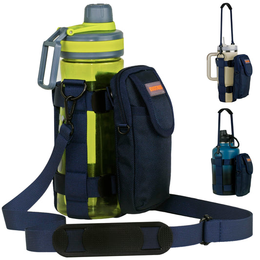 EVOTAUS Water Bottle Holder with Strap - MOLLE Bottle Carrier Sling for Walking - Manual Strap Adjustment for Precise Fit of Most 18-64 oz Bottles (Check Size Fit Guide), Blue