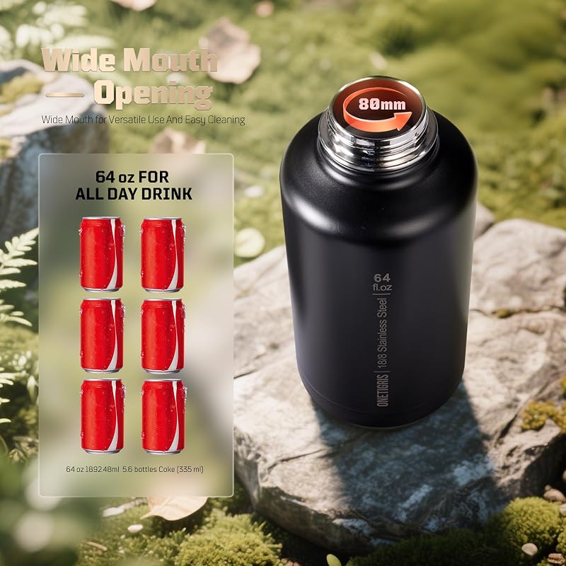 ONETIGRIS 64oz Tactical Insulated Water Bottle with 3 Lids & MOLLE Pouch - Black