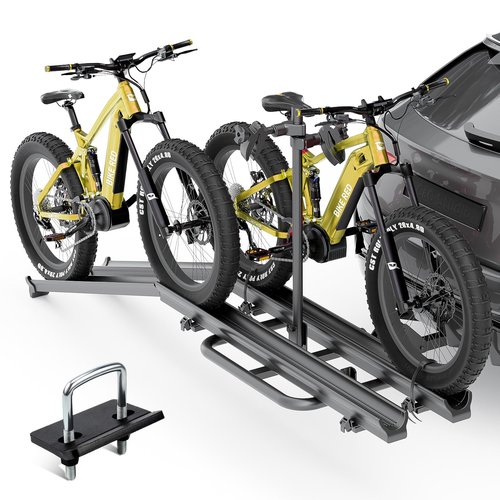 YZONA 2 EBike Rack with Ramp, 200 LBS Capacity Fat Tire Carrier, up to 5" Bike Racks, Lockable & Foldable Electric Bicycles Racks Platform for Standard, Fits 2" Hitch for SUVs Cars Trucks Vans