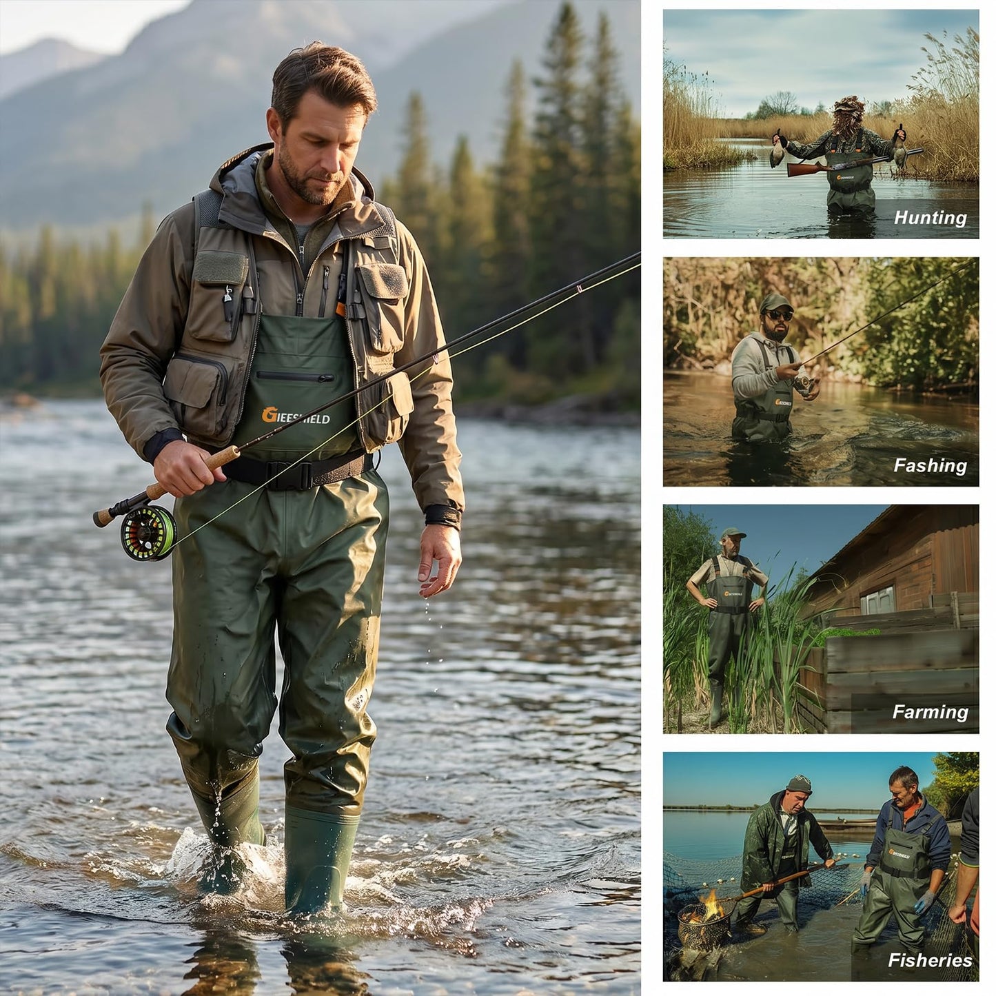GIEESHIELD Waterproof Bootfoot Chest Waders for Men and Women, Lightweight 2-Ply Nylon/PVC Fishing & Hunting Waders with Boot Hanger - Green (Green, M6/W8)