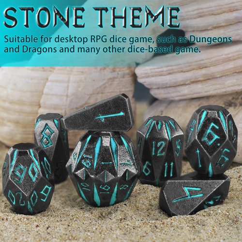 FONVGOGO Dungeons and Dragon Dice of 7, Metal Dice Set D and D Polyhedral DND Dice Set with Cardboard Box Unique Cool Stonehenge Theme RPG Dice for Role Playing Games Gifts (Blue)