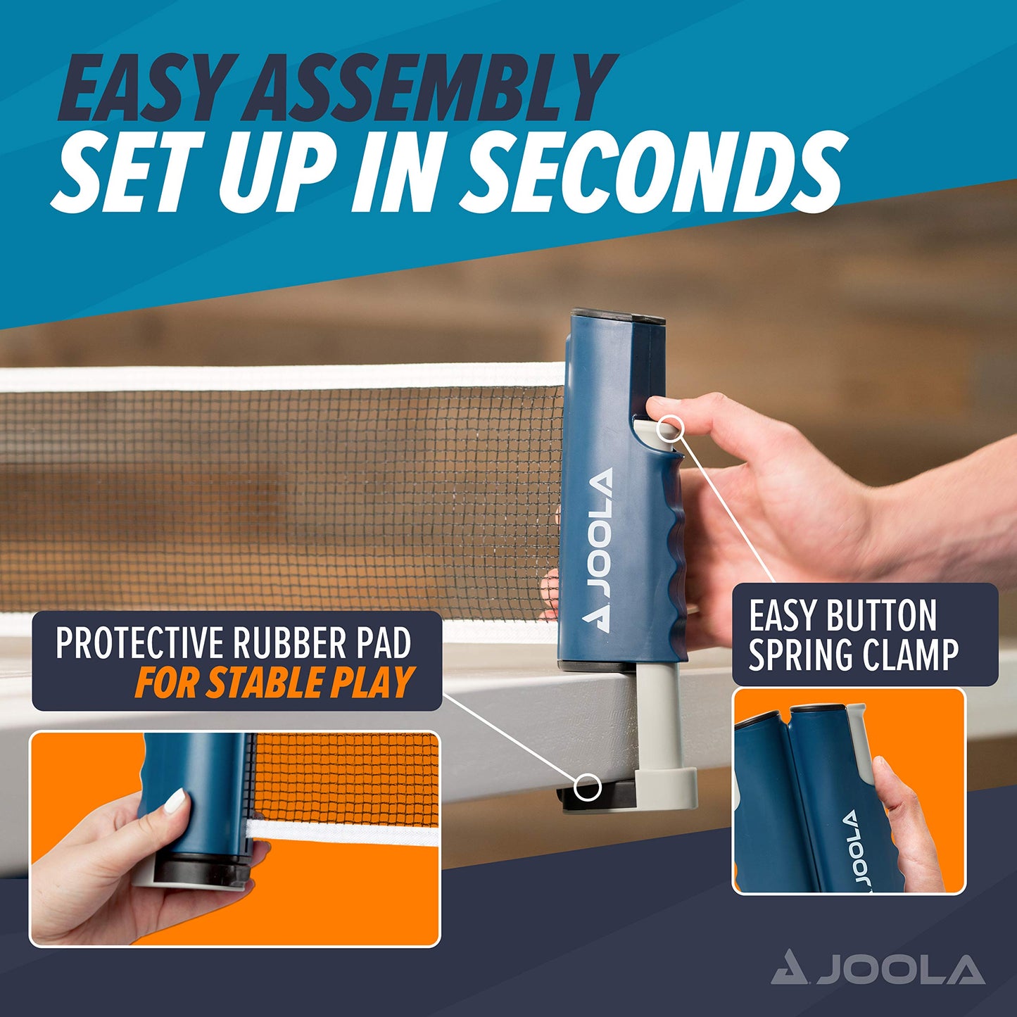 JOOLA Retractable Ping Pong Net for Any Table - Portable Table Tennis Net and Post Set Stretches 5.75' & Clamps Up to 2" Thick - Optional Racket and Ball Set, Games for Family