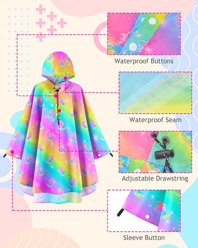 Rainbow Mermaid 3-5T Kids Rain Poncho with Hood - Reusable Waterproof Lightweight