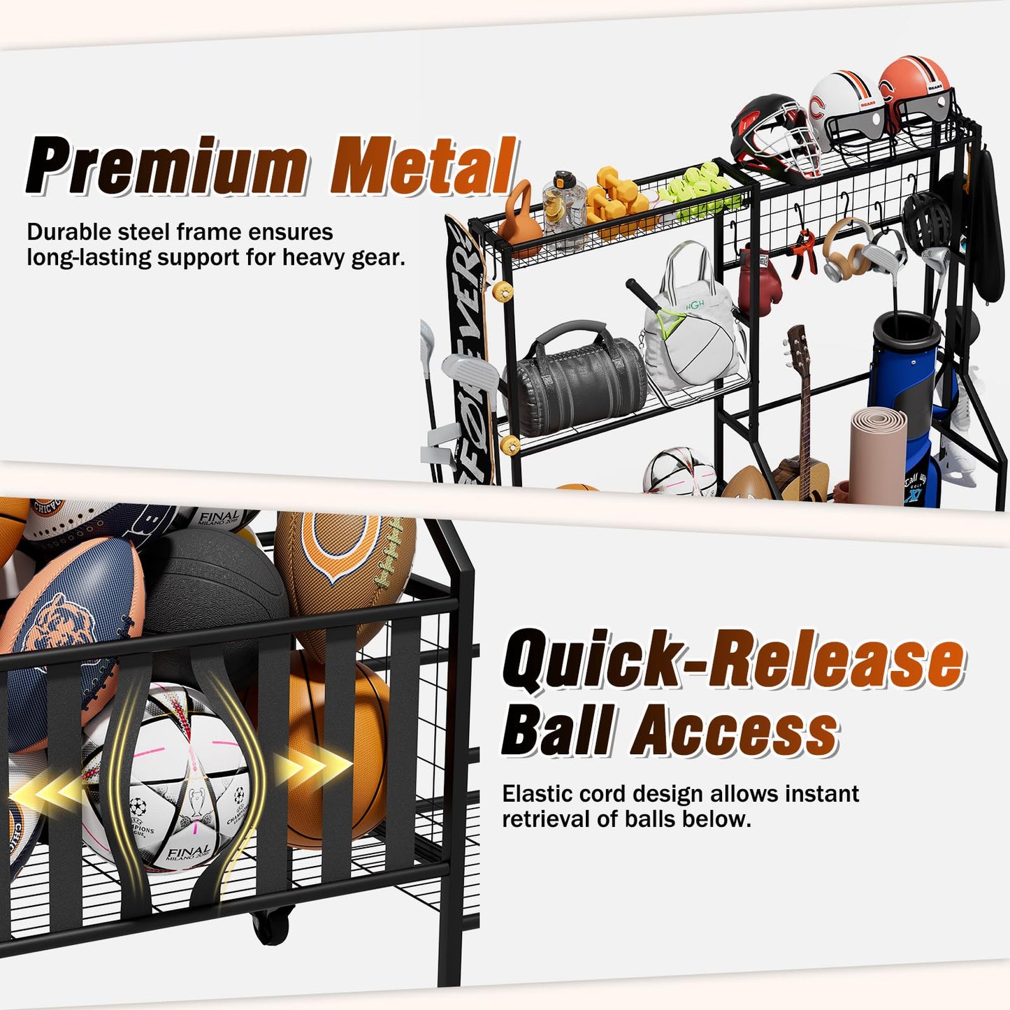 JIRTEMOT Sports Equipment Organizer Pro, Heavy Duty Golf Bags Stand, Extra Large Ball Storage Rack for Garage, Sports Gear Storage with Pegboard and Hooks, 360° Swivel Wheels