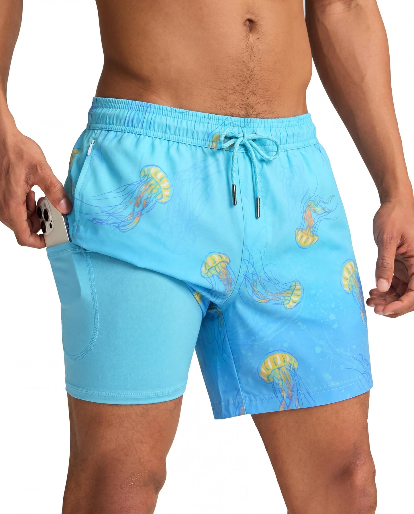 maamgic Mens Swim Trunks with Compression Liner 5 Inch, Quick Dry Bathing Suit with Zipper Pockets, Stretch No-Chafing Swim Shorts, Medusa Small