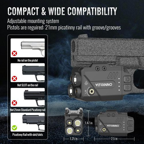 VITOINNO Pistol Light/Green Laser/Infrared (IR) Laser/Infrared (IR) Light 4 in 1 Combo, 350 Lumens Gun Light with Strobe and Level Indicator, Compatible with Picatinny, Magnetic Rechargeable.