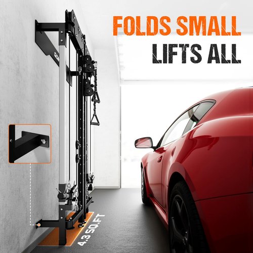 Goimu WM3-V4 Folding Squat Rack, Wall Mounted Power Rack with Dual Independent Pulley System, Functional Trainer with 5 Adjustable Function Modes for Space Saving Home Gym (WM3 Folding Cage, Black)