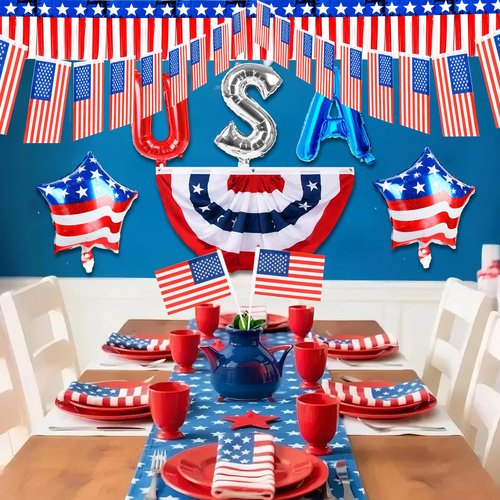 Tryly 4th of July Golf Cart Decorations Kit, Patriotic Parade Golf Cart Decor - Foil Fringe Garland, Pleated Fan Flag, Flag Windsock,Tinsel Garland, Flags Balloons for Independence Day Memorial Day