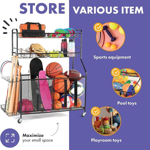 HOME IT Garage Sports Equipment Organizer - Garage Ball Storage Rack Organizer Holder with Baskets, Rolling Wheels & Breaks - Large Capacity Heavy Duty Steel Ball Storage Cart