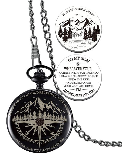 Son Gifts from Mom Dad, Go Confidently Pocket Compass Engraved Black, to My Son Pocket Token, Inspirational Keepsake Gifts Ideas for Older Son Birthday College Graduation Christmas