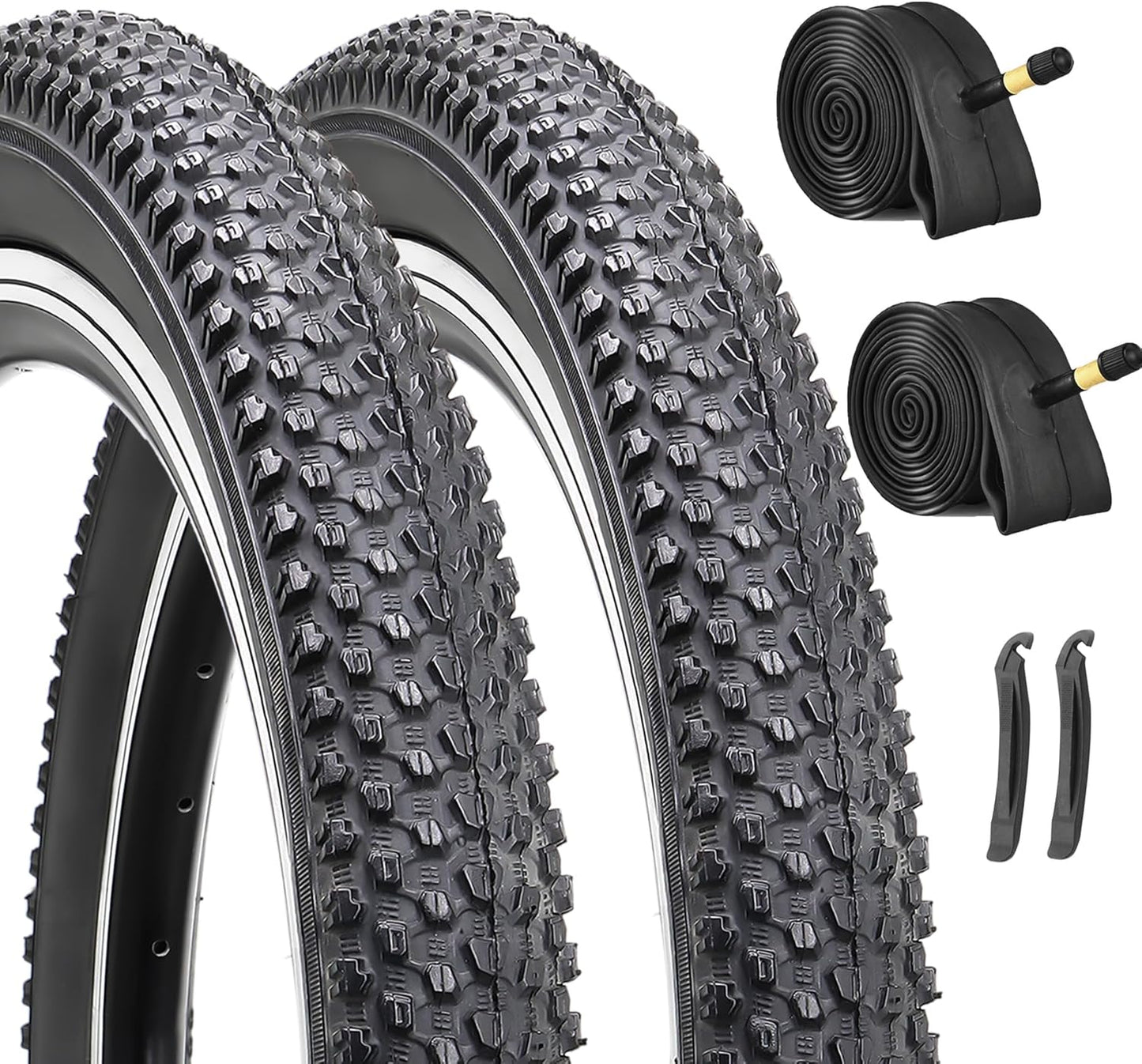 Hycline 2-Pack Mountain Bike Tires Set: 20/24/26/27.5-inch Folding Replacement Puncture-Resistant Bicycle Tires and Pair 20/24/26/27.5-inch Inner Tubes with Tire Levers for MTB Off-Road Bike