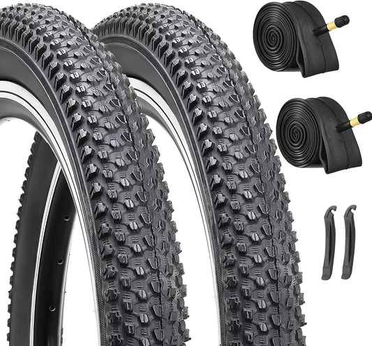 Hycline 2-Pack Mountain Bike Tires Set: 20/24/26/27.5-inch Folding Replacement Puncture-Resistant Bicycle Tires and Pair 20/24/26/27.5-inch Inner Tubes with Tire Levers for MTB Off-Road Bike