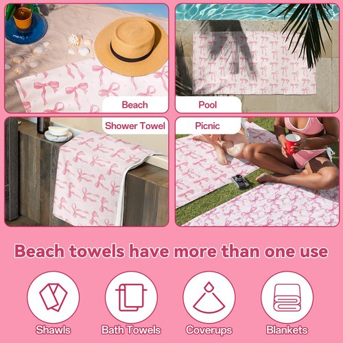 Mahrokh Pink Bow Beach Towel Coquette Beach Towel Gift 60 x 30 Inch Coquette Birthday Pink Bow Party Decorations for Birthday Baby Shower Bridal Shower Bachelorette Party Decor(#3)