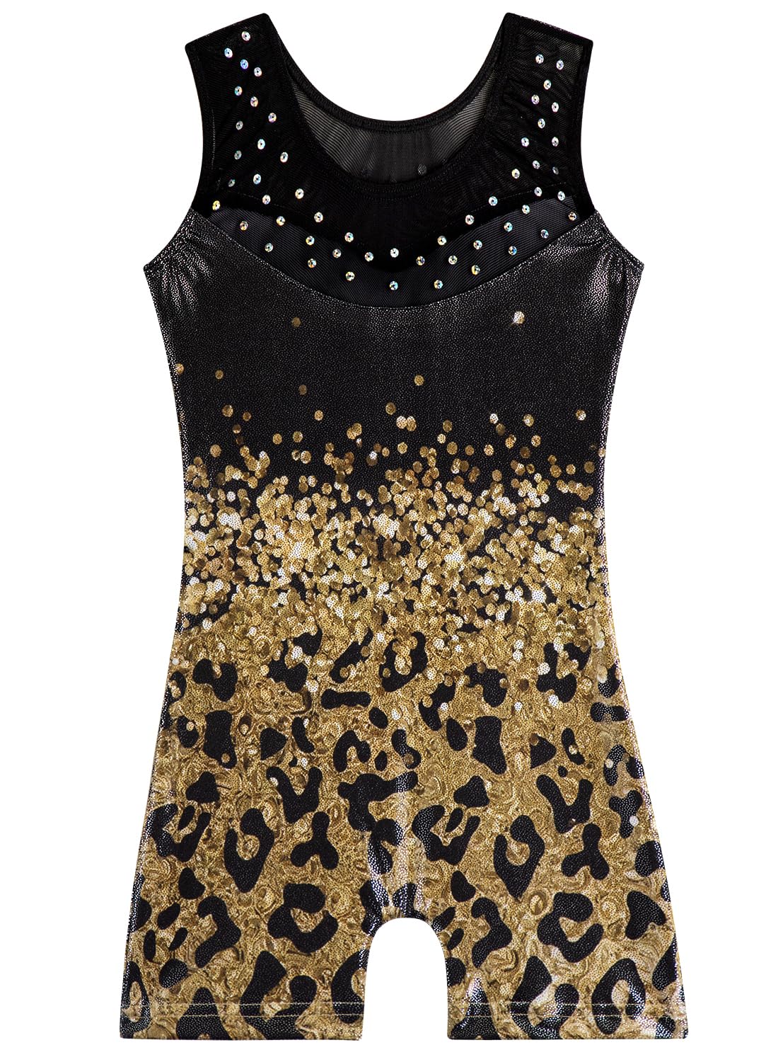 Gymnastics Leotards for Girls Toddler Ballet Dance Tumbling Outfits 9 10 Kids Sleeveless Gymnastic Biketard with Shorts Sparkly Dancwear Unitards Clothes Bodysuit (Gold Leopard, 9-10 Years)