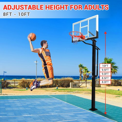 Inground Basketball Hoop Outdoor, 8-10ft Quick Adjustable Basketball Hoop In Ground with 55" Shatterproof Tempered Glass Backboard