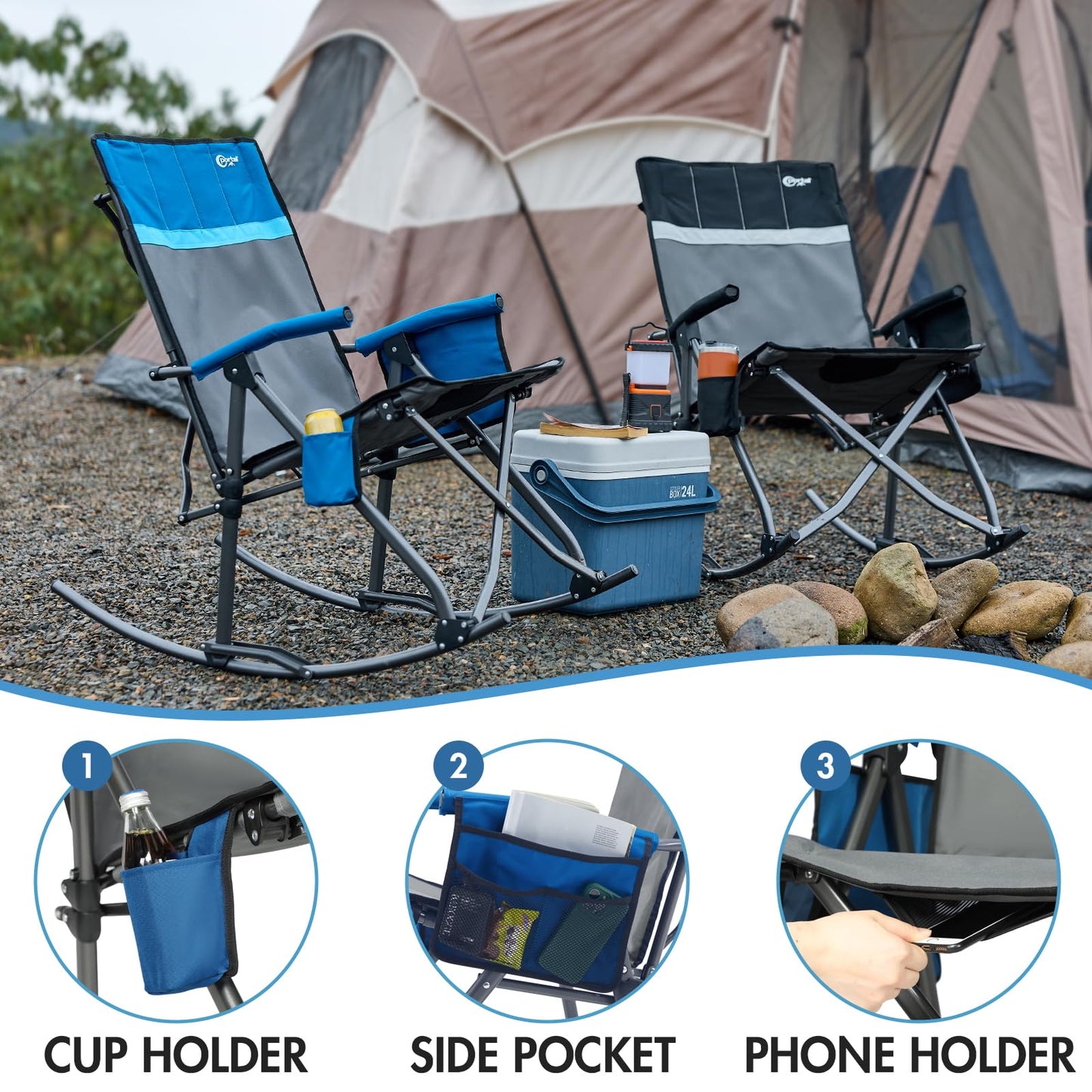 Portal Oversized Folding Rocking Camping Chair Portable Outdoor Rocker with High Back Hard Armrests Carry Bag, Supports 400 lbs, Padded Back, Grey&Blue