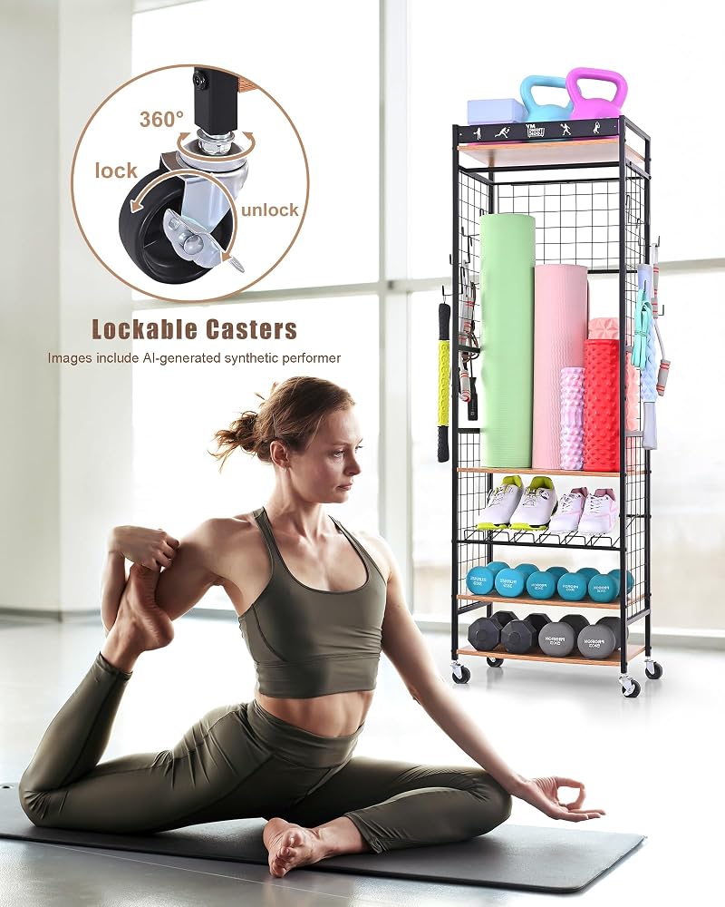 Mythinglogic Home Gym Storage Rack with Wheels (Dumbbells & Yoga Mats) - Black+Wood