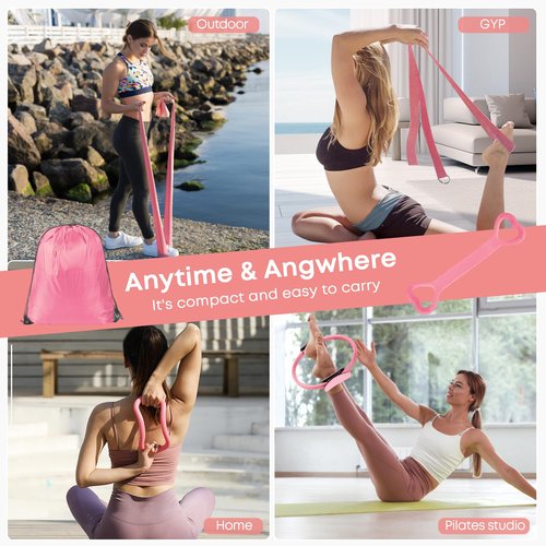DSUMD 13 Pcs Pilates Essentials Kit for Women, Home Workout Equipment Set with 9.8??Ball, Magic Circle, Accessories, Perfect for Beginners to Toning & Fitness, Pink