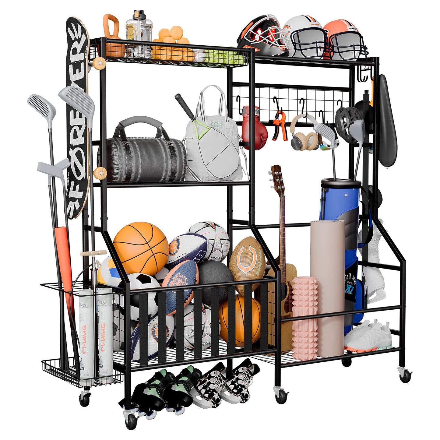 JIRTEMOT Sports Equipment Organizer Pro, Heavy Duty Golf Bags Stand, Extra Large Ball Storage Rack for Garage, Sports Gear Storage with Pegboard and Hooks, 360° Swivel Wheels