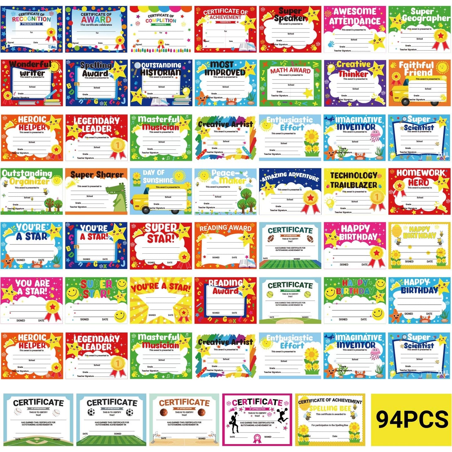 94 Pcs Student of Award Certificates End of School Year Superlatives Certificates Recognition Certificates of Achievement Graduation Birthday Certificates for Teacher Supplies (Football)