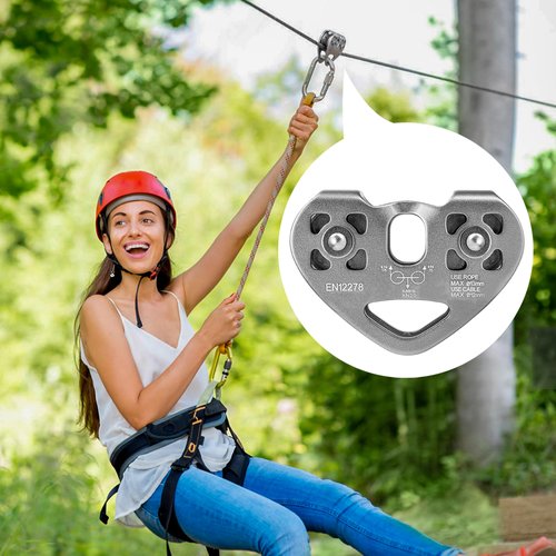 Double Zip Line Pulley Trolley, 30kN 6700LBS Tandem Dual Speed Pulleys for 1/4 5/16 3/8 1/2 Rope, Heavy Duty Accessories and Parts for Rescue, Climbing, Hauling, Backyard, Mountaineering, Rigging