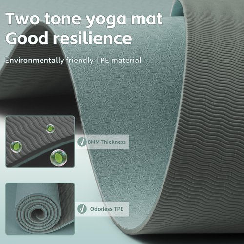 PAIDU Yoga Mat 8mm Super Thick TPE Fitness Mat | SGS Certified | Non-Slip, Odorless & Tear-Resistant | Unisex with Strap | for Yoga, Pilates, Meditation & Home Workouts （Deepgreen&Gray）