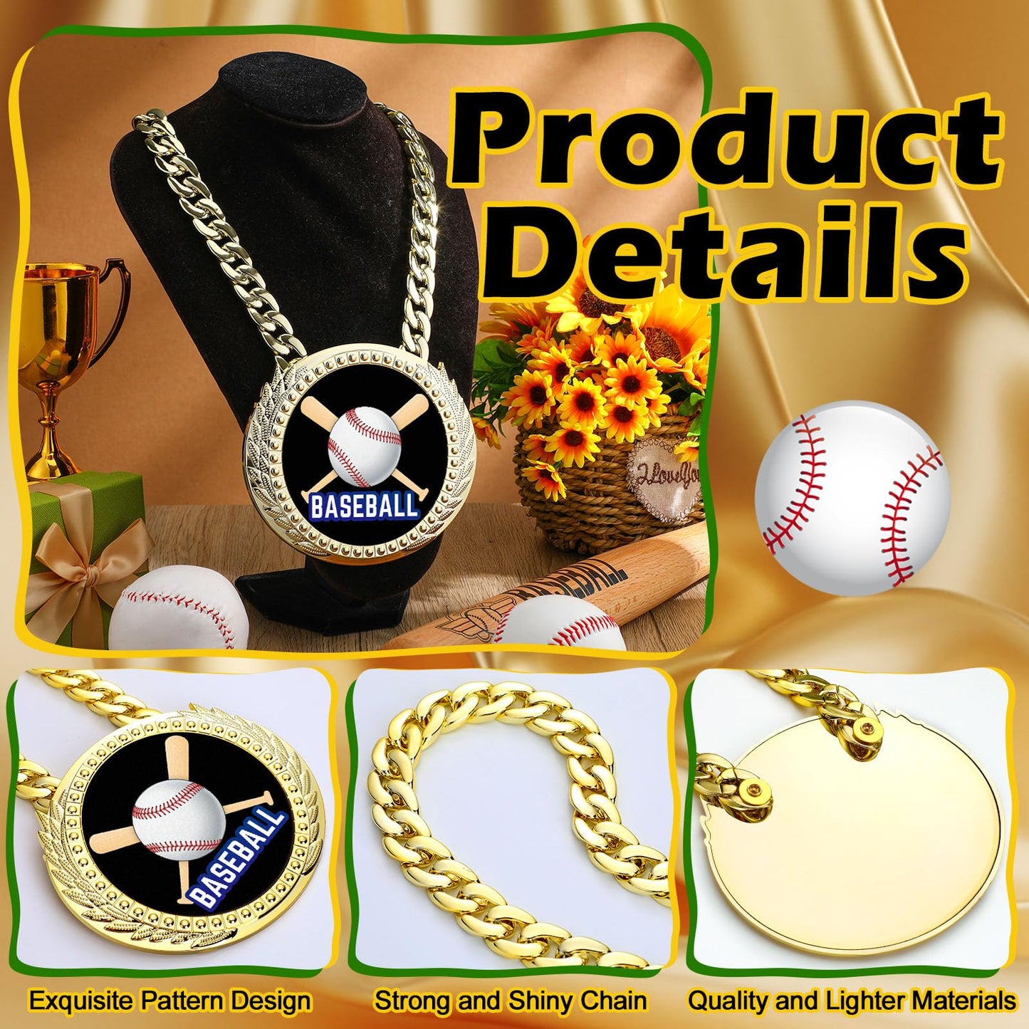 Tondiamo Sports MVP Turnover Chain Medal 6 Big Gold Champ Award Necklace Chain Baseball Basketball Football Soccer Softball Volleyball Sports Competitions Prize Gifts and Party Favors(Baseball)