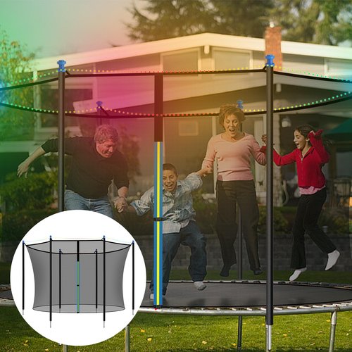 6PCS Trampoline Replacement Poles and 14FT Enclosure Net with Solar Light, Universal Trampoline Replacement Net and Enclosure Pole with Caps & Hardware, Fits 14FT Round Frame with 6 Straight Pole