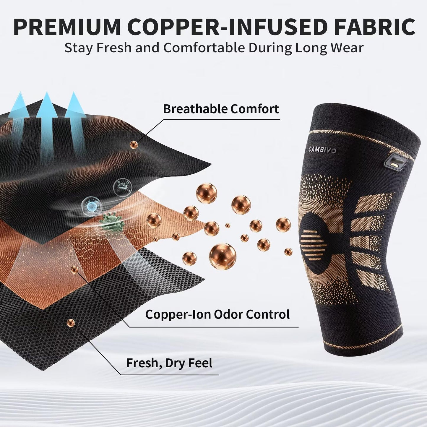 CAMBIVO 2 Pack Copper Knee Brace for Women & Men, Copper Infused Compression Knee Sleeve for Arthritis Pain Relief & Knee Support, Anti-Slip Design with Pull Tabs for Running, Gym, Daily Wear (Large)